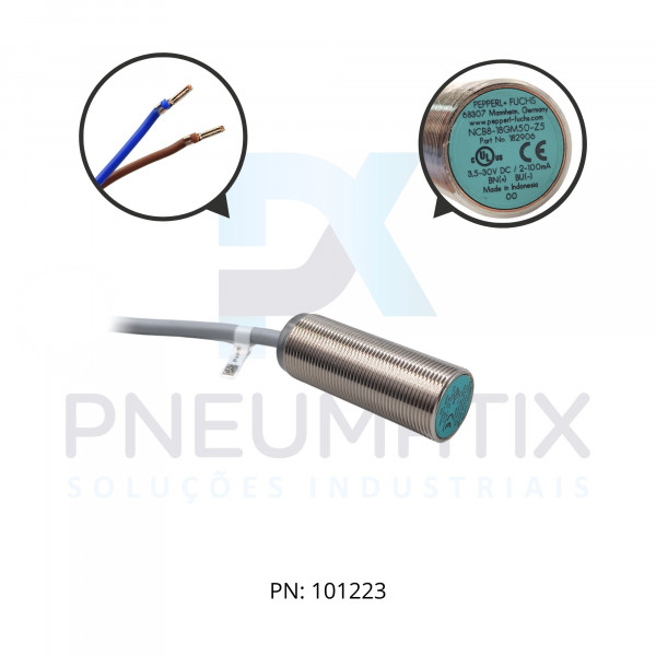 SENSOR IND.CIL.DIAM.18MM Sn:8MM FAC.ALIM.3,5-30VDC 2 FIOS NF CABO 2MTS NCB8-18GM50-Z5 PN:182906 PEPPERL