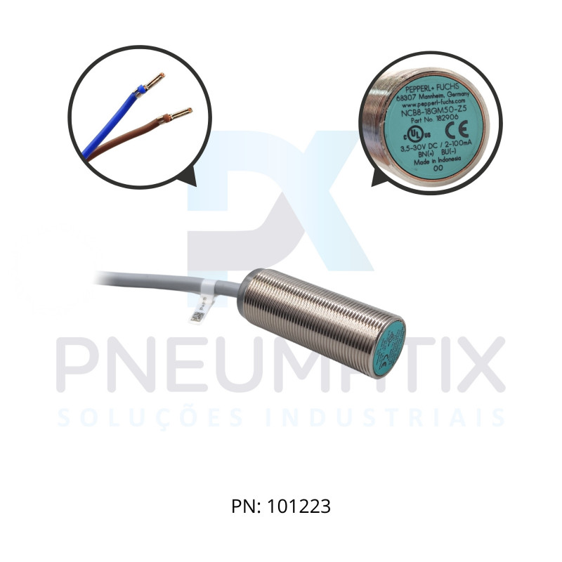 SENSOR IND.CIL.DIAM.18MM Sn:8MM FAC.ALIM.3,5-30VDC 2 FIOS NF CABO 2MTS NCB8-18GM50-Z5 PN:182906 PEPPERL