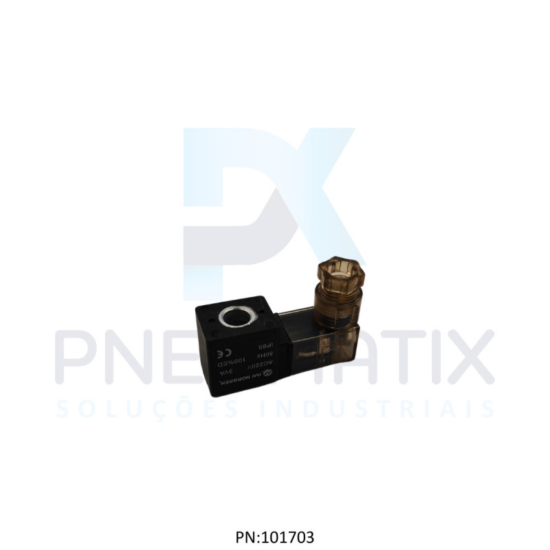 BOBINA TENSAO 220VCC POTENCIA 2,5 WATTS TAM.15MM NUCLEO 8,0MM C/PLUG SERIE V50 QM/50/19J/28 NORGREN