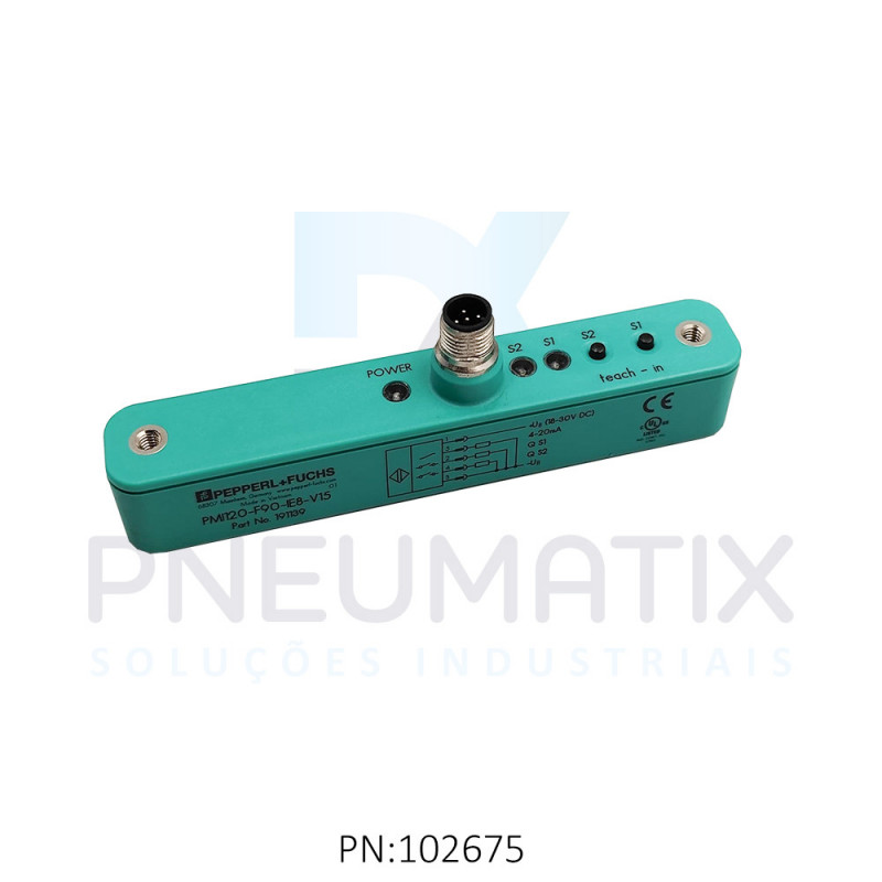 SENSOR IND.POSIC.LINEAR Sn:120MM ALIM.10-30VDC SAIDA 4-20mA+2NA PNP M12 5P IP67 PMI120-F90-IE8-V15 PN:191139 PEPPERL