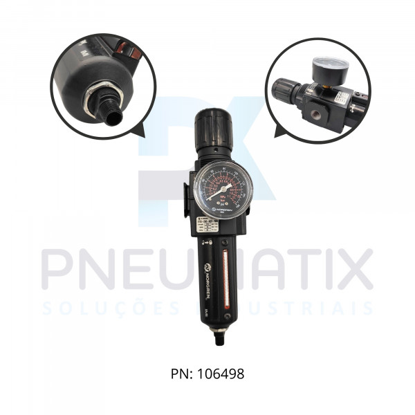 FILTRO REGULADOR DE PRESSAO R.1/4 NPT COPO METALICO DRENO AUTOMATICO 40 MICRAS C/MANOMETRO B73G-2AK-AD3-RMG NORGREN* FILTRO REGULADOR DE PRESSAO R.1/4 NPT COPO METALICO DRENO AUTOMATICO 40 MICRAS C/MANOMETRO B73G-2AK-AD3-RMG NORGREN*